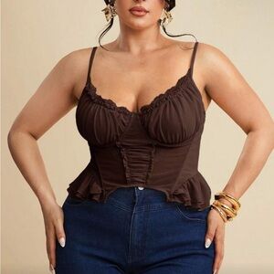 NWT Brown Ruffled ruched bust semi sheer  Corset Top